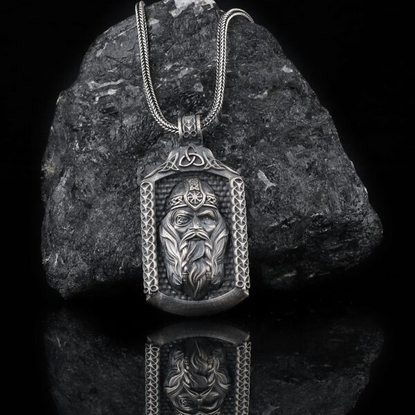 head of odin necklace in a rectangular shaped sterling silver