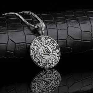 valknut necklace is a round sterling silver jewelry piece that has three triangle at the center of the pendant. It represents ancient celt and germanic peoples mythological beliefs