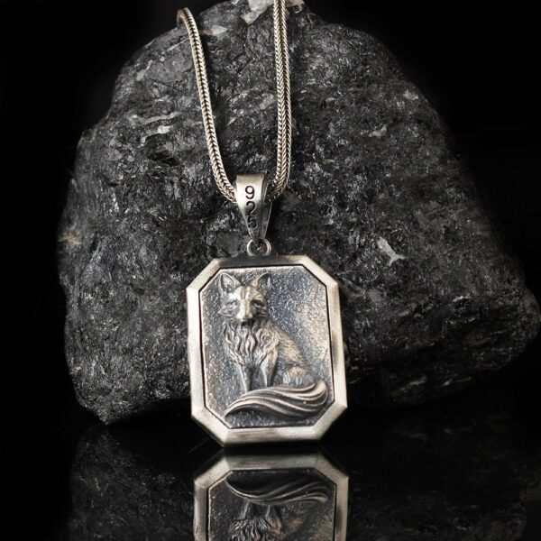 mens fox necklace is rectangular shaped product of sterling silver jewelry.