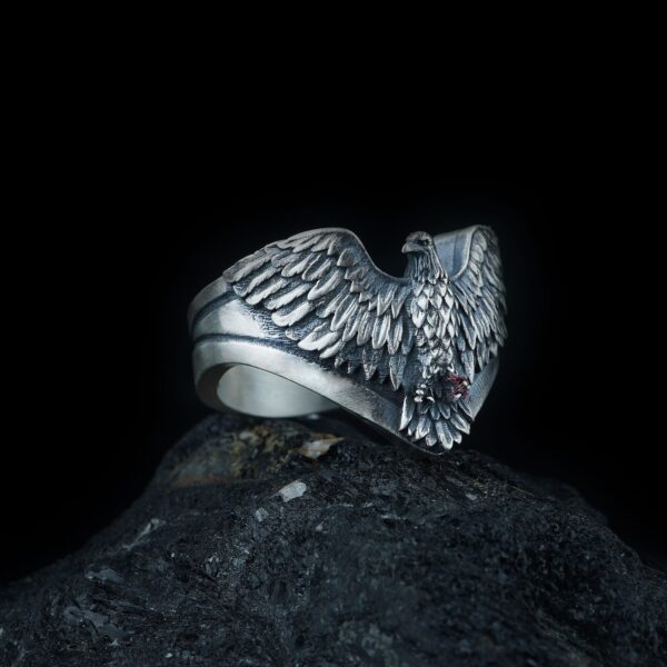 the silver eagle ring is a product of high class craftsmanship and intricate designing. it's solid structure makes it a perfect piece to use as an everyday jewelry to elevate your style.
