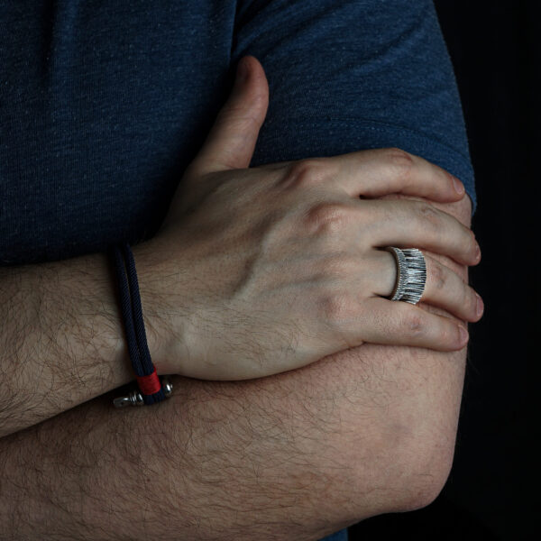 a man wearing black gates of mordor ring